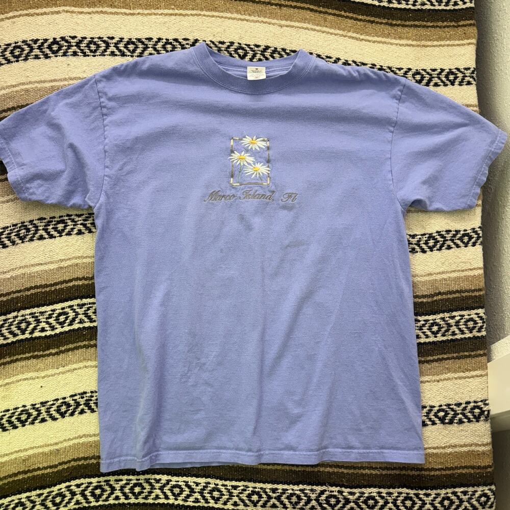 Vintage 90's Marco Island Florida Light Blue Floral Embroidered Tee Shirt Sz XL